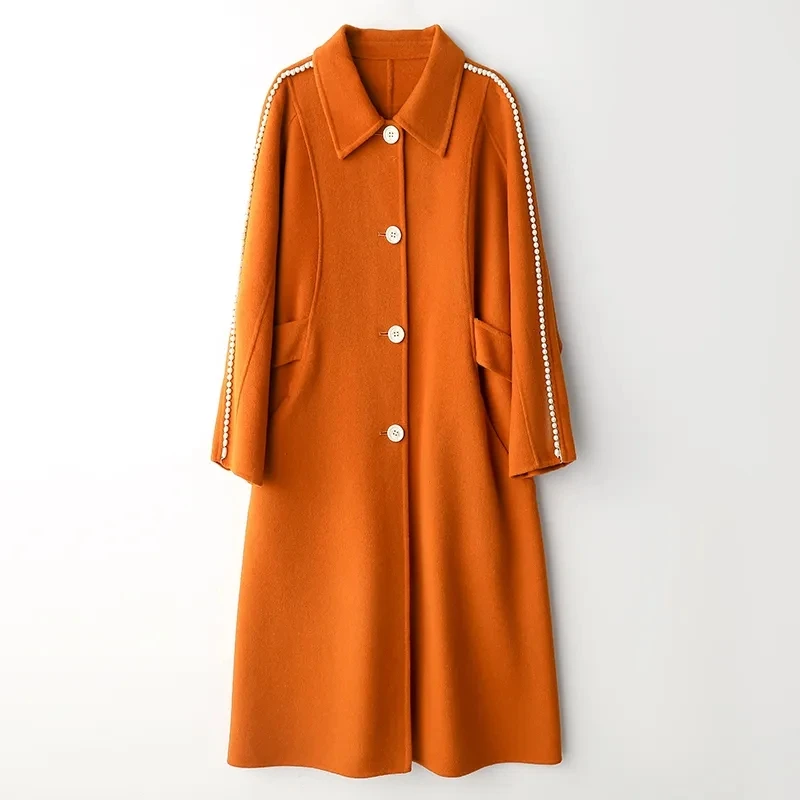 Pardessus en laine double face pour femme, manteau 100% laine, vestes à manches perlées, revers orange et noir, mode coréenne, automne et hiver 2024, nouveau