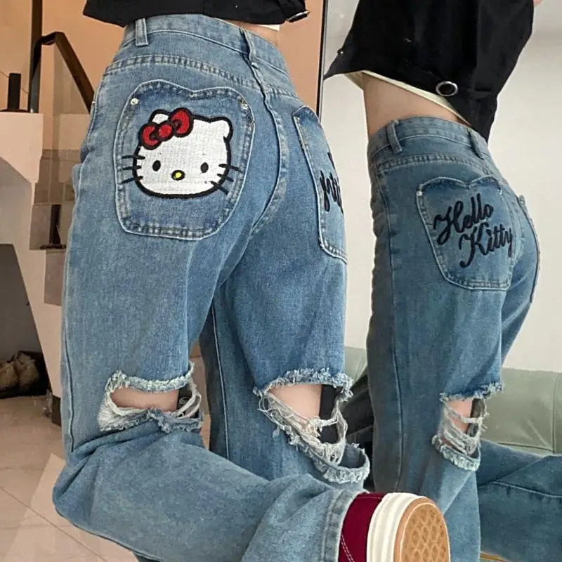 Kawaii Sanrio Hellokitty Embroidered Jeans Ripped Girls Straight Wide Leg Pants Versatile Workwear Casual Loose Motorcycle Pants