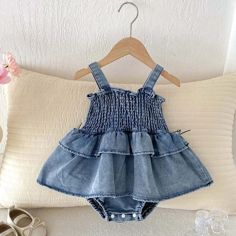2025 New Summer Newborn Baby Girls Romper Sleeveless Solid Color Denim Toddler Baby Girls Jumpsuit 0-24M Baby Girls Clothing