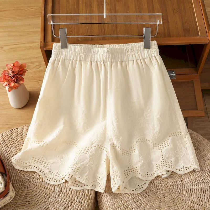 Solide Shorts für Damen: Lässiges Häkel-Design, Sommer 2026, Vintage A-Linien-Weite-Bein-Hose, Lässige Cargo-Shorts, Lockere Damenbekleidung