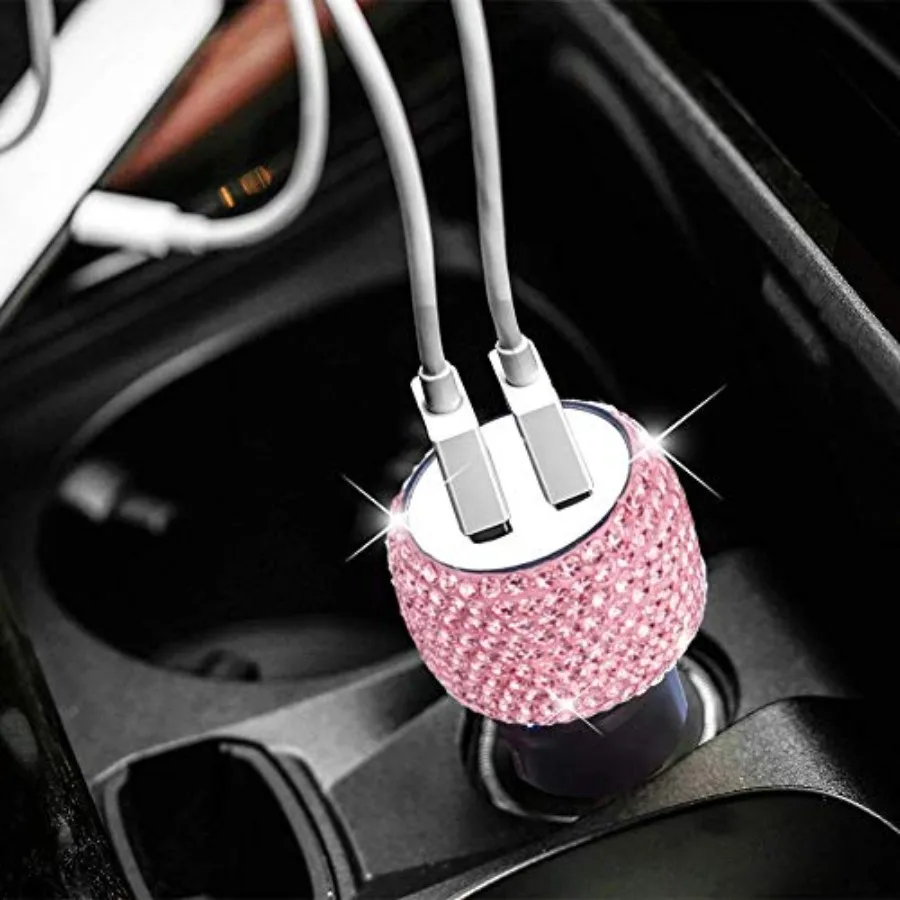 

Dual USB Car Charger Bling Bling Handmade Rhinestones Crystal Car Decorations for Fast Charging Car Decors Pink for iPhone, iPa