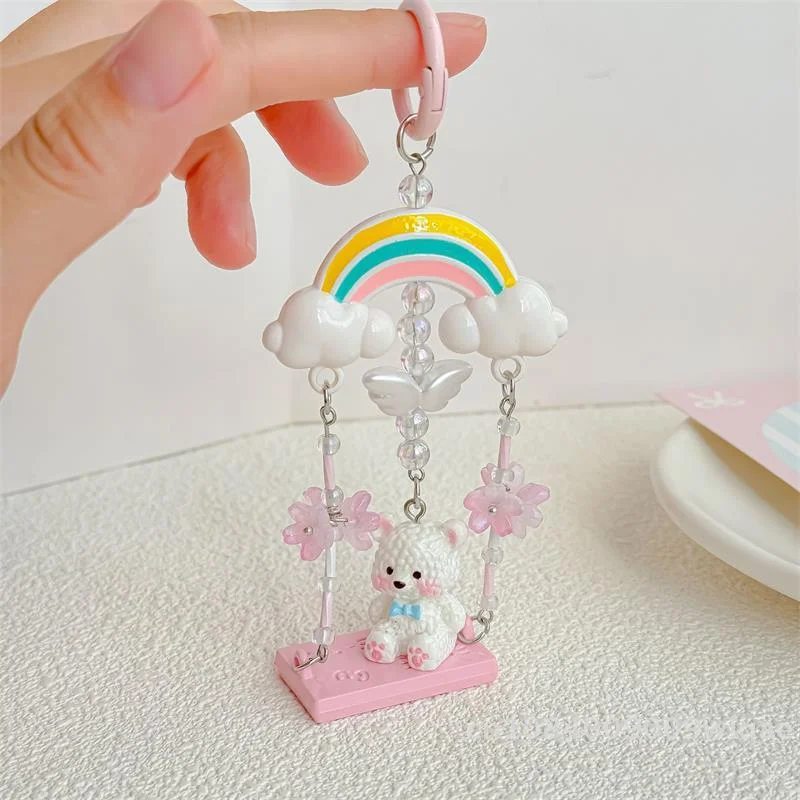 💐 | قوس قزح سوينغ الدب المفاتيح، لطيف دمية دب مطرز الزهور حقيبة سحر، Kawaii هدية حزام الهاتف الحبل للنساء الفتيات #3