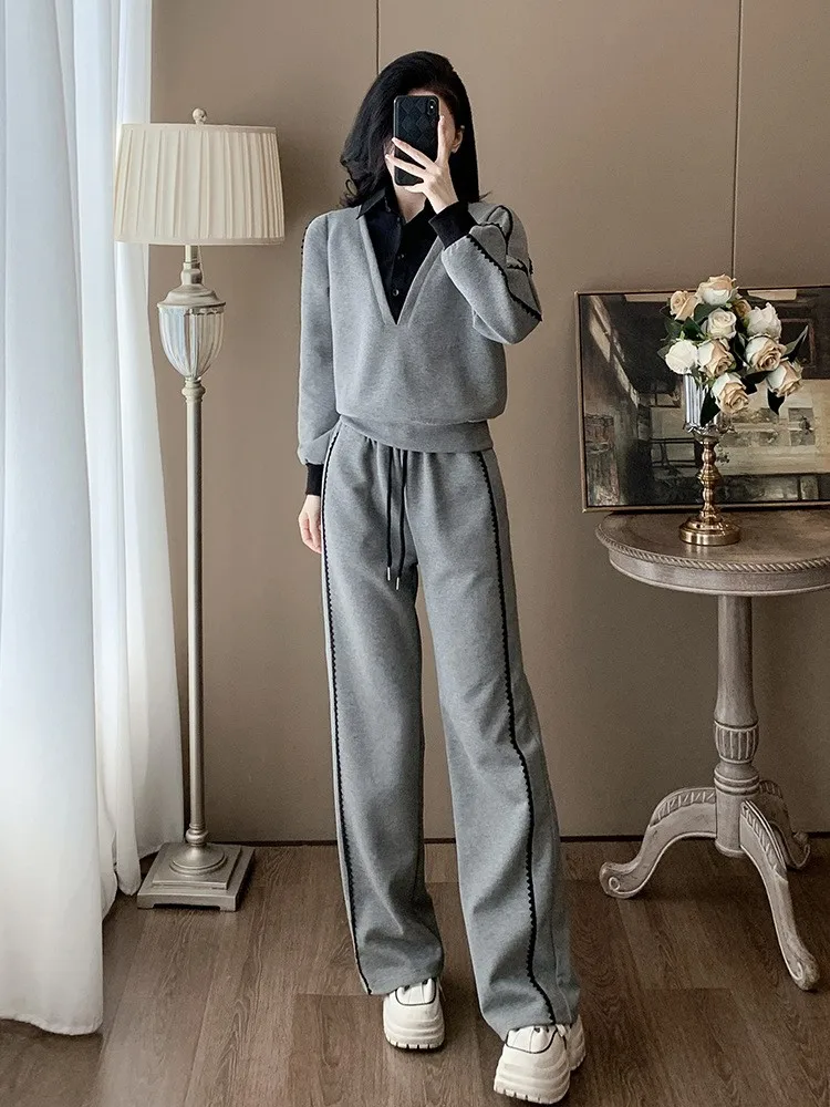 Outdoor Women Gray Patchwork Turn Down Collar Running Sweatshirt Top Pants Two Piece Set Training Sports Lady Jogging Tracksuit