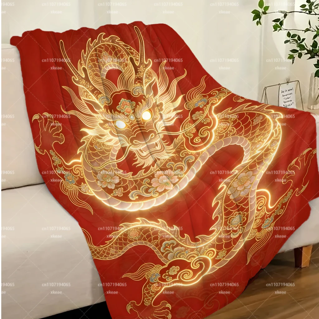 Chinese Style Golden Dragon Throw Blanket, Red Background Glow‑Effect Dragon Cloud Flower Print Soft Flannel Blanket, Warm Sofa