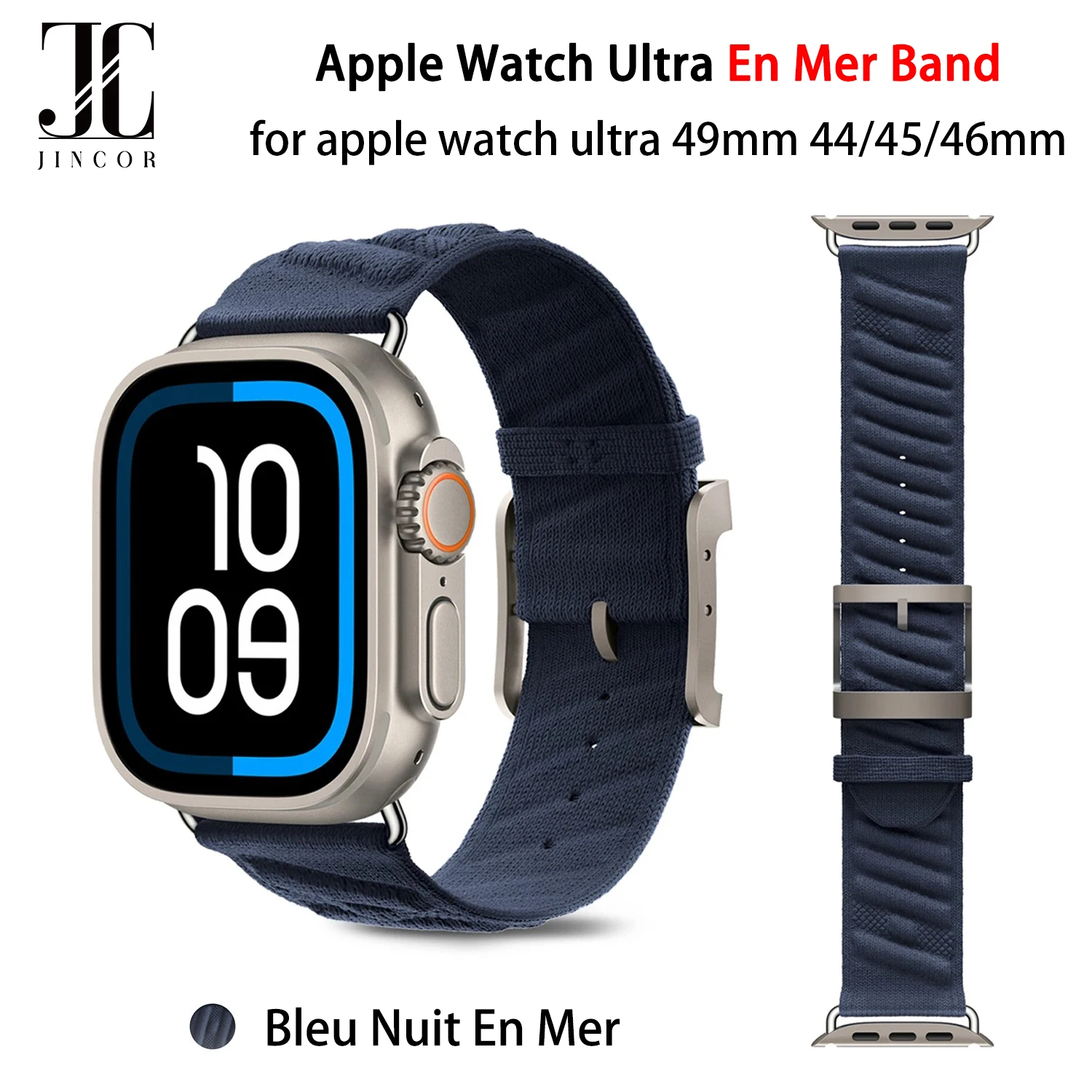 JINCOR Strap for Apple Watch Ultra sporty En Mer band Bleu Nuit ocean waves pattern Polyamide custom buckle wristband for iWatch