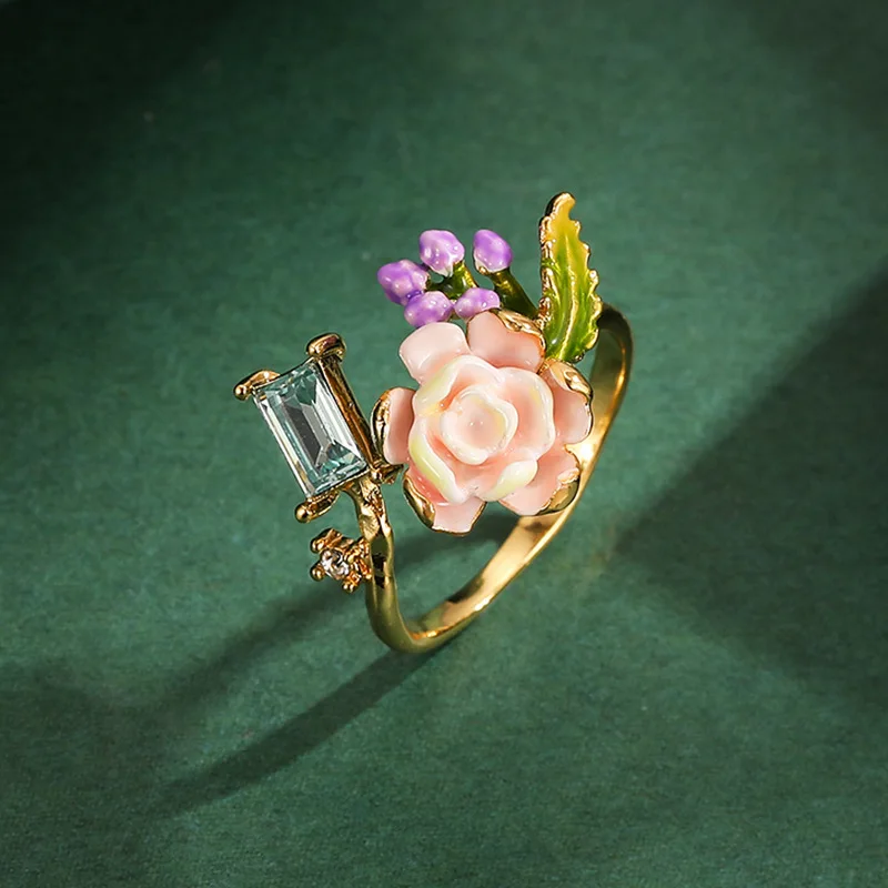 

Sweet Enamel Glaze Green Leaf Flower Lavender Adjustable Ring Three-dimensional Exquisite Sea Blue Zirconium Rose Opening Ring