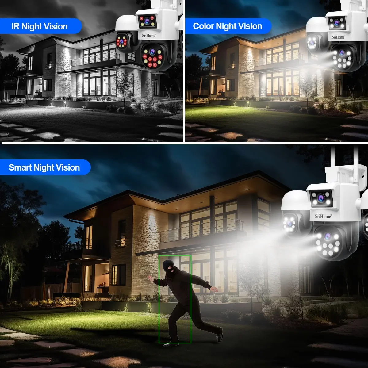 Srihome SH069 Cámara de vigilancia WiFi de 8MP 4 lentes Zoom 3X CCTV Smart Home360 °   Cámara de seguridad impermeable con seguimiento panorámico HD AI