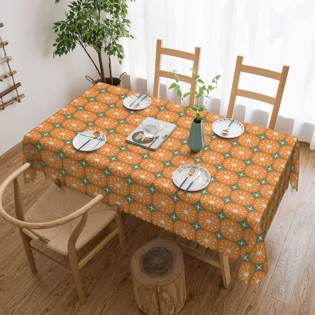 Mid Century Modern Atomic Dots And Stars Mossy Sage Olive Custom Rectangular Tablecloth Oilproof Table Cover Table Cloth