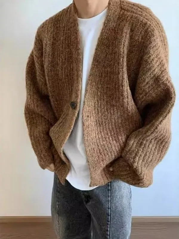 

Khaki ort Wide Thi Knit Cardigan Men's Sle American Lazy Faion Knitted Sweater Trendy Design Outerwear for Autumn