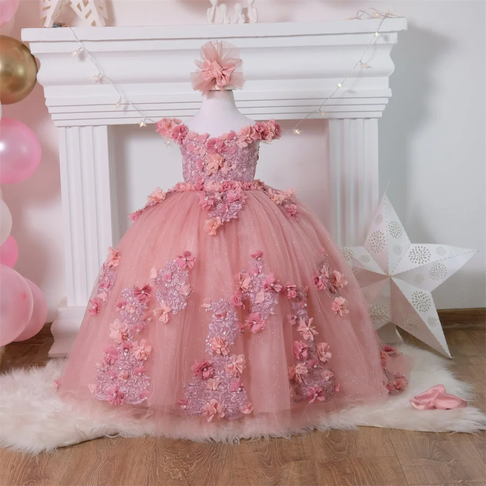 Flower Girl Dress Luxury 3D Applique for Wedding Pink Tulle V-Neck Prom Dress Princess  Birthday Party Kids  First Communion