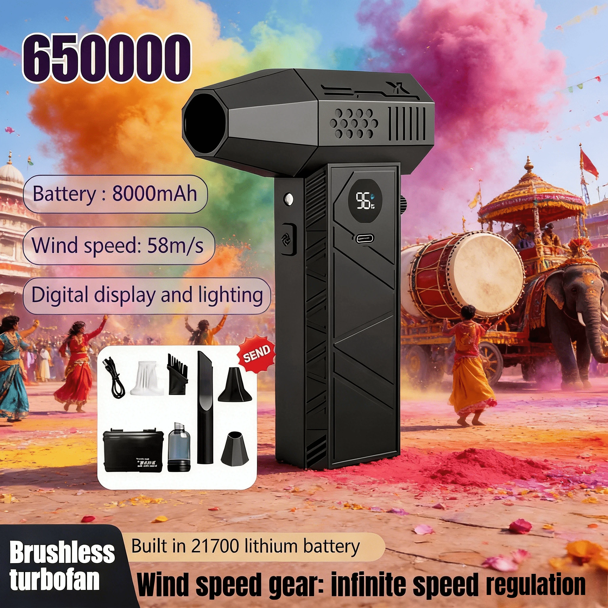 

650000 об/мин, высокоскоростной турбо-сильный вентилятор C6, бесщеточный двигатель, 53 м/с, ручной пылесос для очистки автомобиля, выдувания пыли