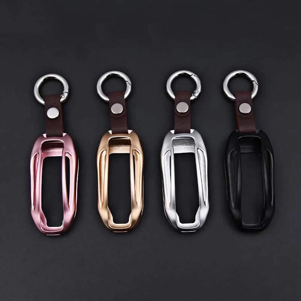 Aluminum Alloy Leather Car Key Case Bag Auto Key Protective Cover Skin Key Shell Car Styling Decor Accessories For Tesla Model X