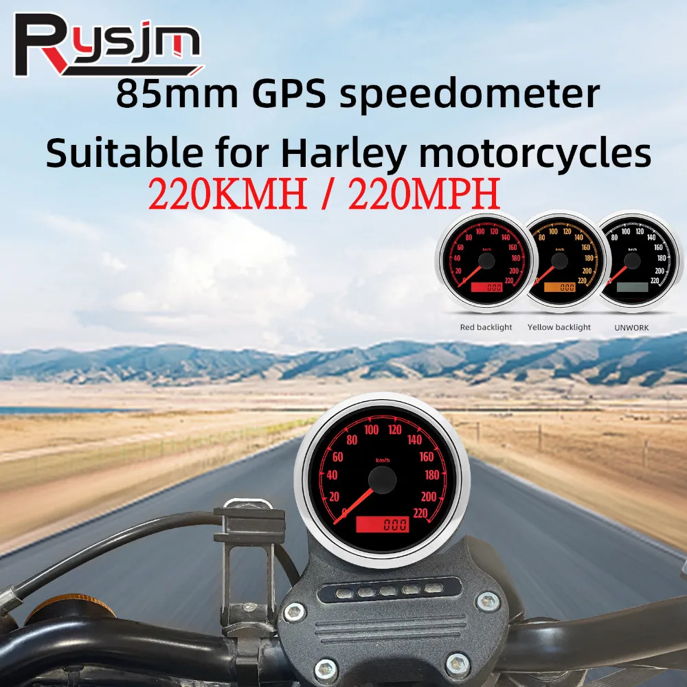 Custom Motorcycle Instrument 220kmh mph 85mm GPS Speedometer Gauge Red Yellow LED Light For Harley Motorcycles With GPS Antenna