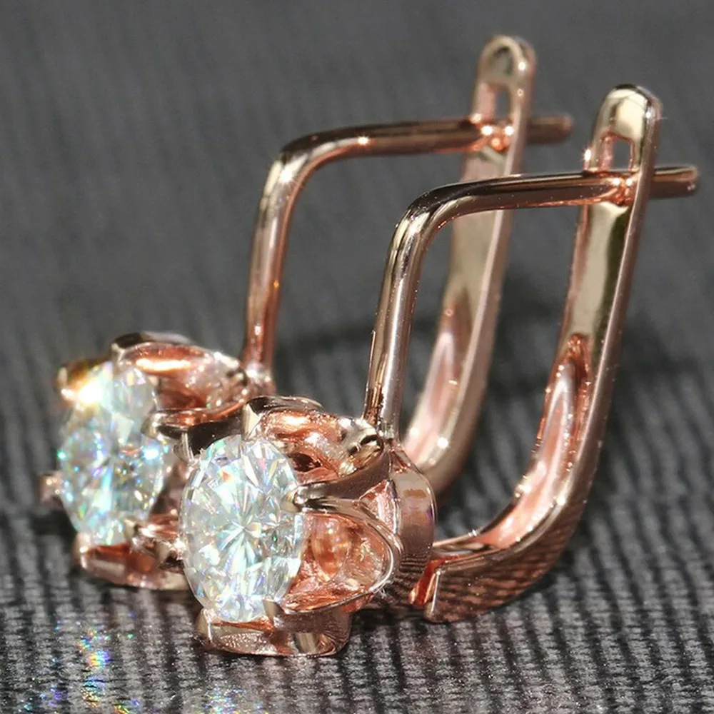 Luxury Rose Gold Flower Petal Dangle Earrings Round Sparkling 5A Zircon Lever Back Drop Earrings for Women Wedding Party Jewelry