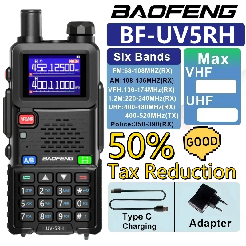 Baofeng UV5RH M 10W 3800mAh VHF UHF Six Band 999Cha Air Band TYPE-C Frequency Copy Long Range Communication Walkie Talkie