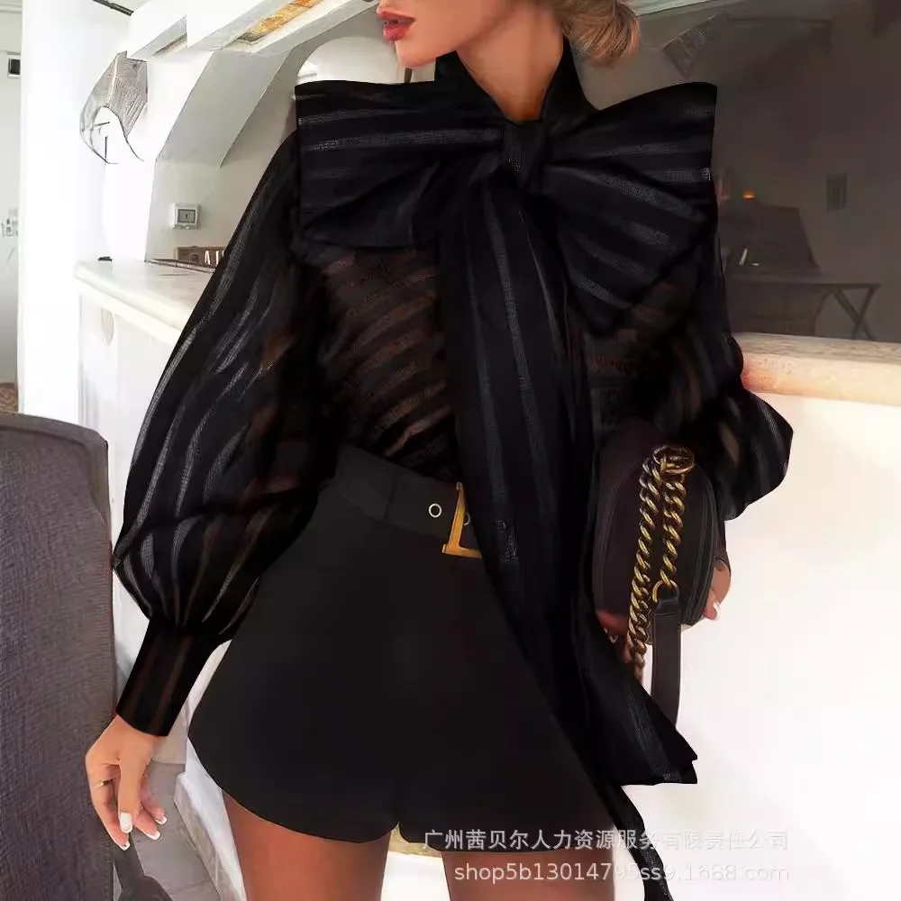 Camicie da donna europee americane rosse nere tinta unita casual alla moda manica lunga lanterna eleganti camicie con fiocco abiti femminili 2025 top