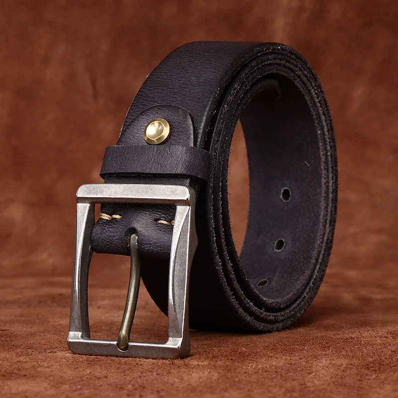 

3.8CM Vintage For Men Genuine Leather Belt Thick Pure Cowhide Stainless Steel Buckle Designer Strap Male Belts Man Casual Jeans