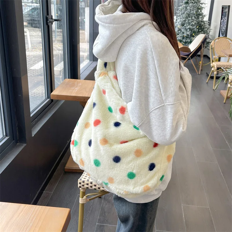 New Fashion Sweet Pink Heart Print Plush Tote Bag for Women Large Capacity Shoulder Bag Handbag Portable Shopping Bag Schoolbag