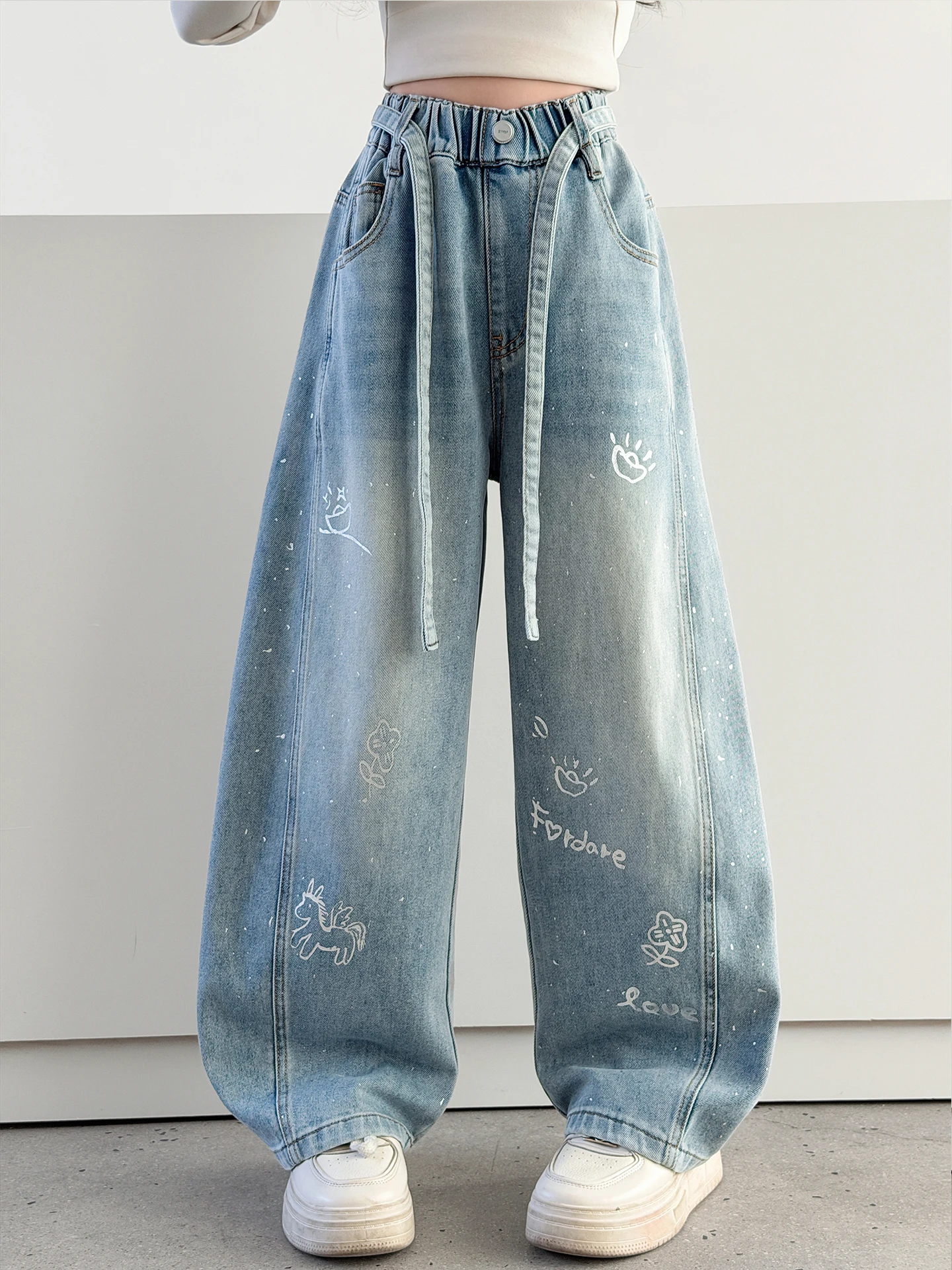 

Джинсы для девочек, повседневные широкие брюки, весенне-осенняя верхняя одежда, детские свободные удобные брюки с терморегуляцией и принтом, прямого кроя