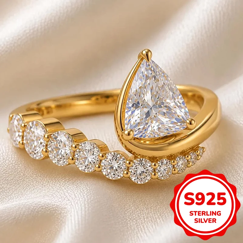 Genuine S925 Sterling Silver 14K Gold Ring Women Pear Cut Zircon Stacking Curved Band With Paved Zircon Side Stones Wedding