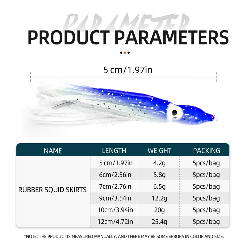 ShareShark 5pcs/bag 5-12cm Glow Squid for Fishing Lure Soft Rubber Hoochies Octopus Squid Skirt Bait Seawater for Bass Tuna