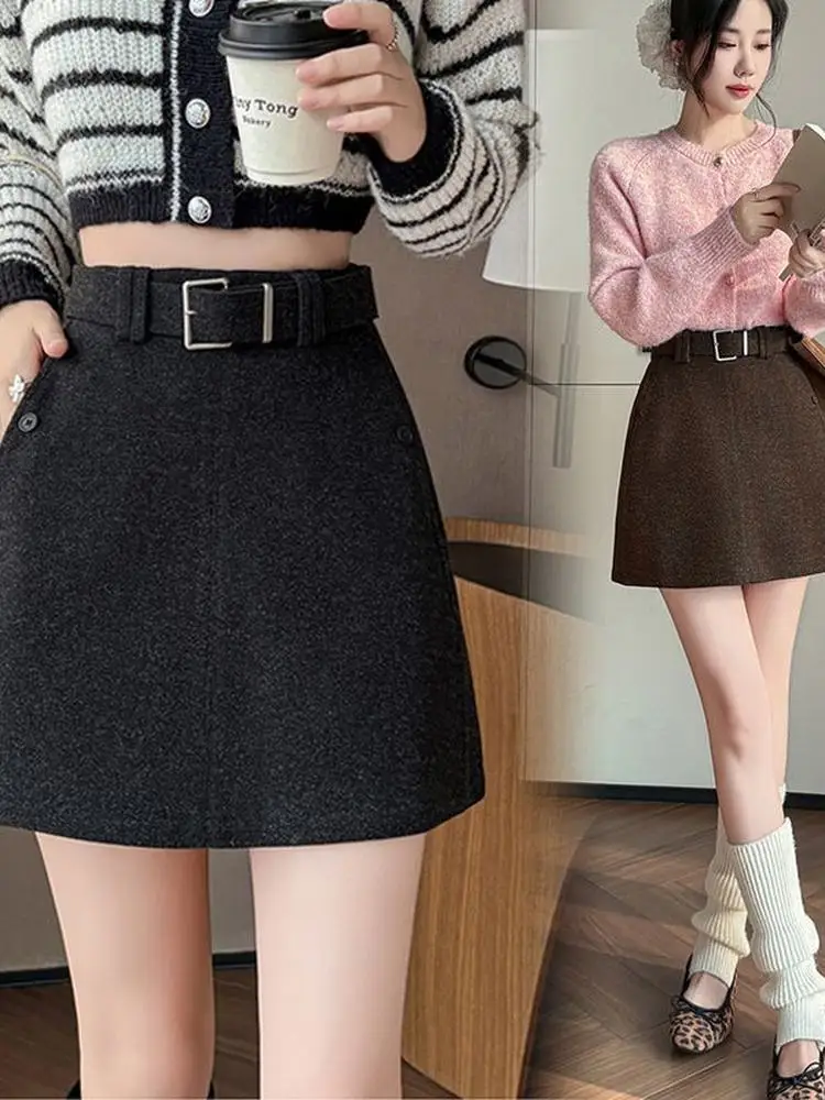 

Winter Woolen A-Line Skirt Women's High Waist Design Korean Sle ort Skirt Small Size Girls Faionable Skirt