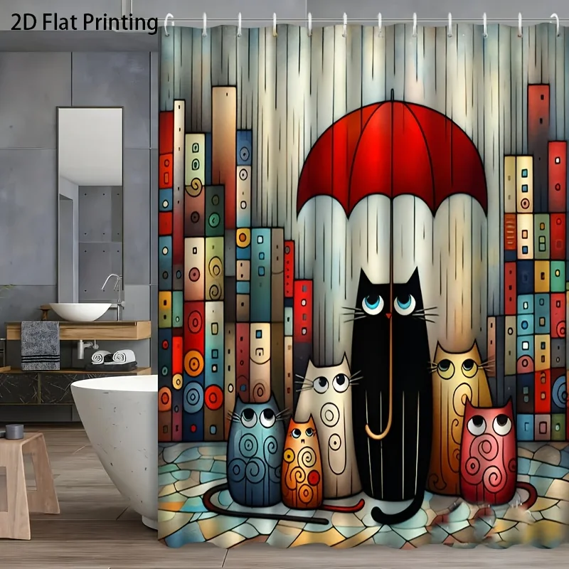 2D Flat, 1pc Shower Curtain with Hooks, Abstract Cat Geometric Color Block City Pattern, 2D Flat, Machine Washable, High-End Ele