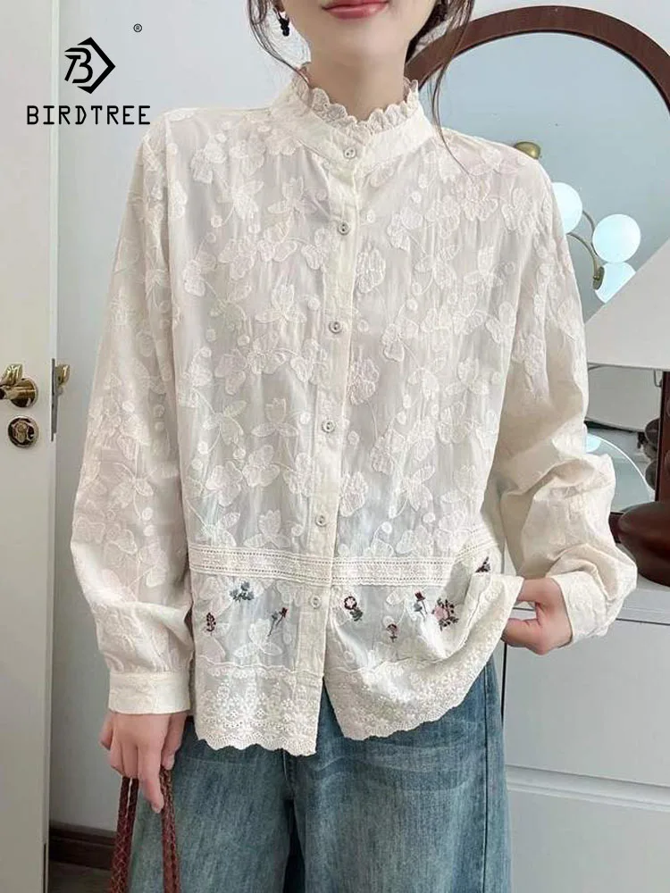 

Новинка 2025, осенняя хлопковая рубашка с длинными рукавами, женская рубашка с цветочной вышивкой и оборками, свободная блузка Mori Girl для французских поездок на работу T59350CC