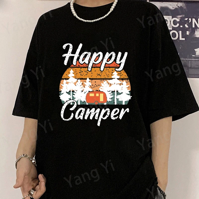 Happy Camper Camping Theme Printed Cotton T Shirt Women Men Teens Fashion Hip Hop Harajuku Casual Short Sleeve Tops Tees Shirts