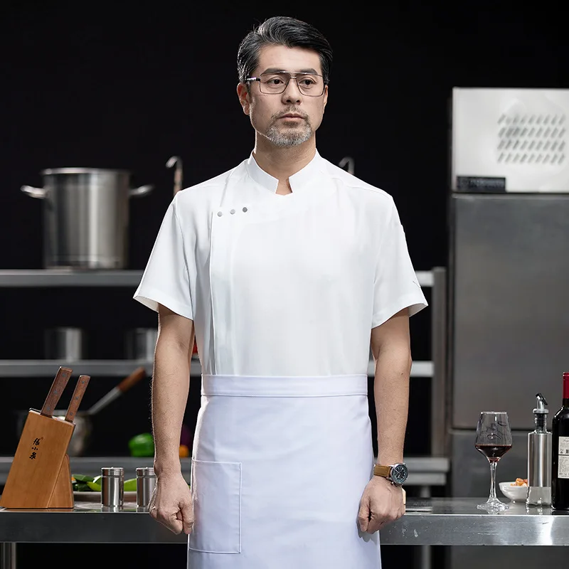 Uniforme de chef à manches courtes, haut de gamme, solide, pour l'été, confortable, pâtisserie, magasin de gâteaux, hôtel, restaurant occidental, hot pot, cuisine