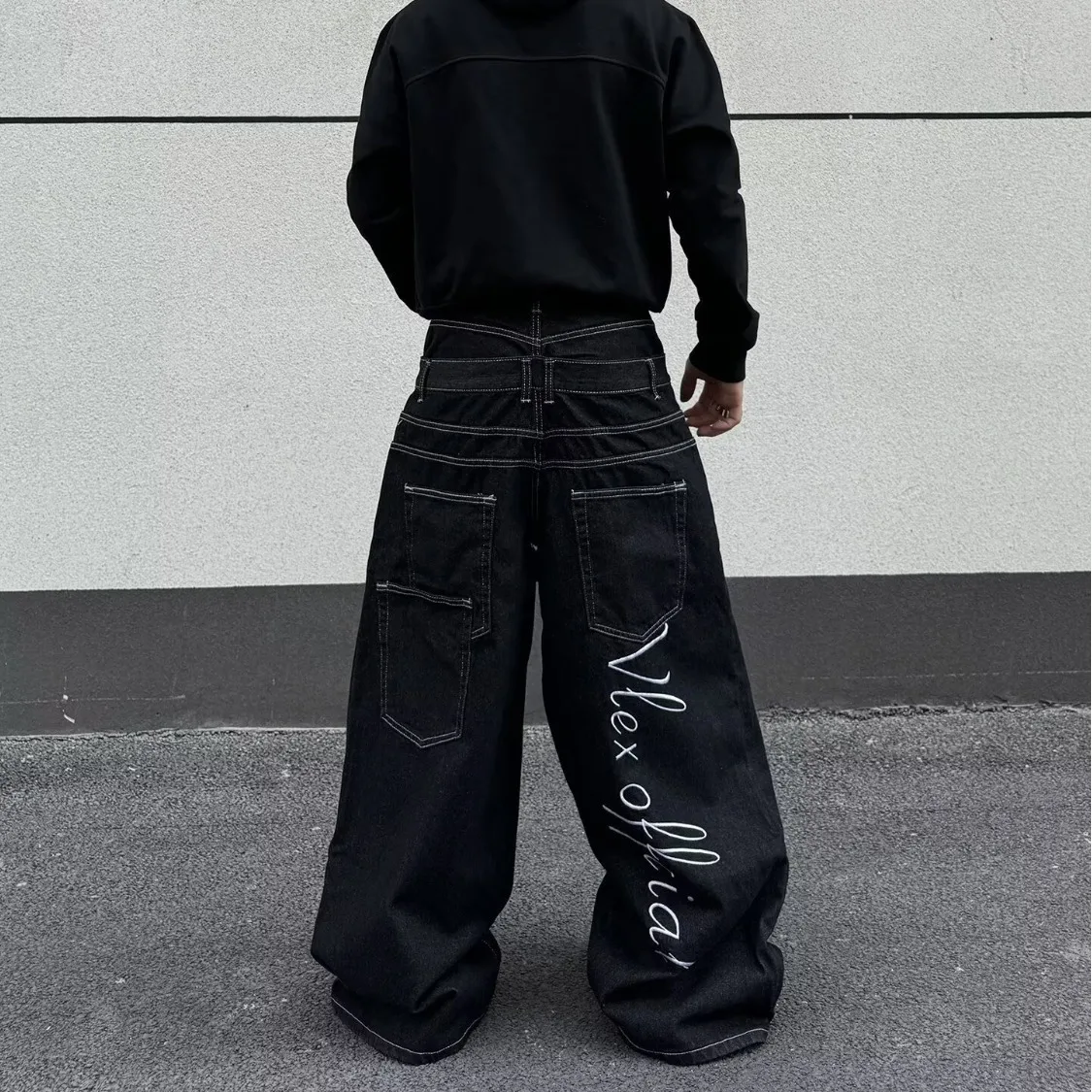 American Retro Button Splicing Curved Knife Casual Pants Straight Leg Wide Leg Pants Men's and Women's Black Jeans