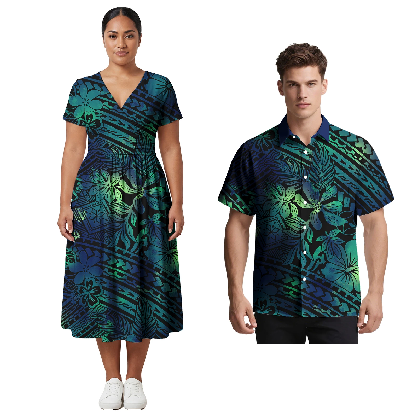 Conjuntos de Pareja de Diseño de Lujo, Camisa Polinesia Moderna para Hombre, Vestido Samoa para Mujer con Estampado Personalizado, Conjunto Aloha para Pareja