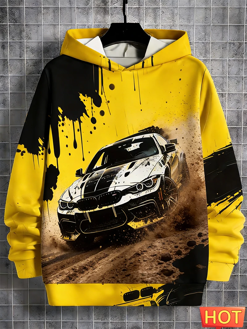 Men's Trendy 3D Print Hoodie Racing Car Black Splash Art Design Casual Streetwear Pullover Hooded Sweatshirt For Men Daily Wear