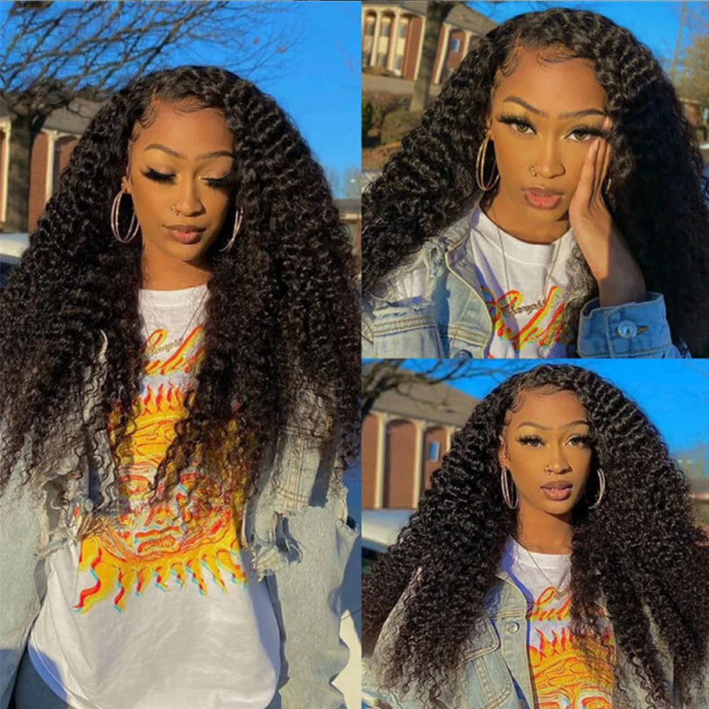 Soft 180Density 26inch Natural Black Glueless Long Kinky Curly Deep Lace Front Wig For Women With Baby Hair Preplucked Daily