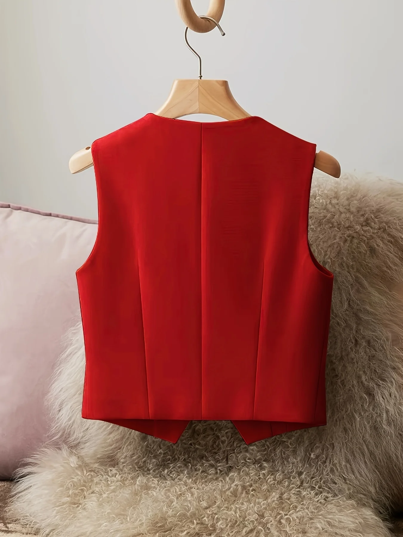 Elegant Women's Red Tailored Vest V-Neck Button-Front Sleeveless Waistcoat for Office & Casual Wear for Layering Spring And Summ