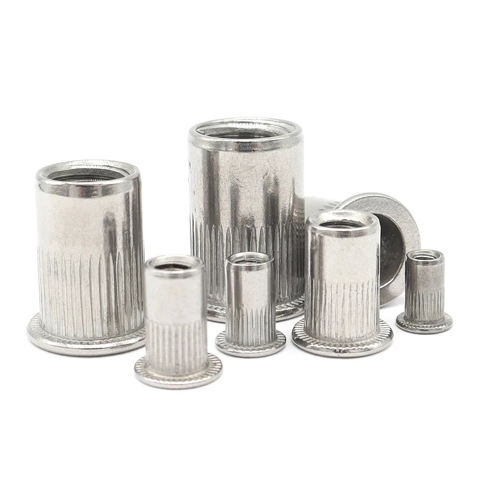 50-100pcs Stainless Steel Rivet Nut M3 M4 M5 M6 M8 M10 M12 Flat Head Round Body Knurled SS304 Rivnut Cap Threaded Riveted Nuts