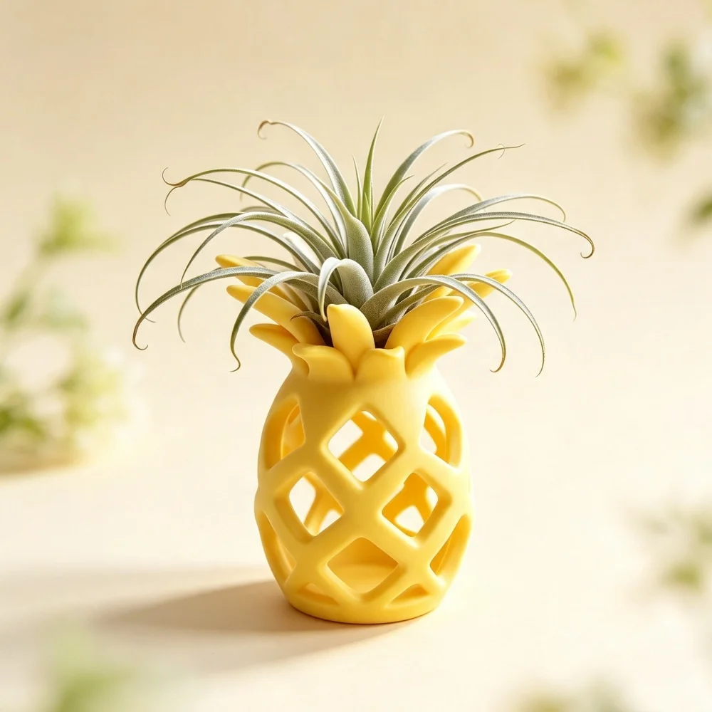3D Printed Yellow Pineapple Planter Minimalist Hollow Design Small Succulent Pot For Desk Shelf And Modern Home Decor