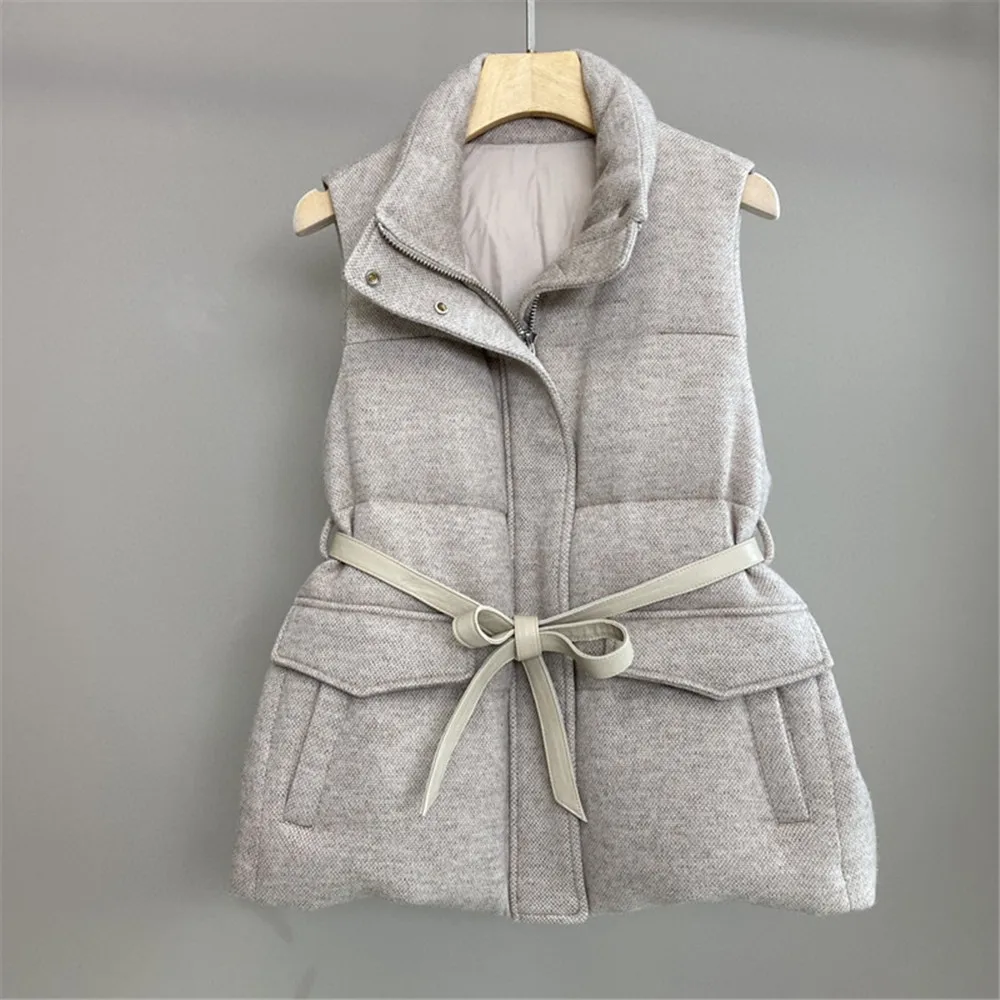 Autunno inverno nuovo gilet in piuma d'oca Versatile cintura con colletto alla coreana giacca senza maniche con cerniera