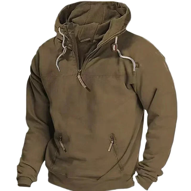 2024 Spring Autumn Mens Solid Vintage Hooded Sweatshirt Half Zip Sports Tactical Hoodies Tracksuit Casual Sweatshirts Male Coats