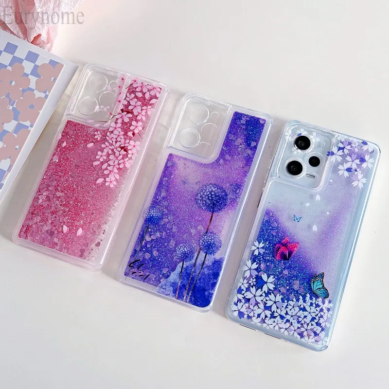 Bling Quicksand Case For Xiaomi Mi 13T 12T 11T 10T 14 13 Lite Redmi Note 12 Pro Pink Flower Butterfly Clear Liquid Glitter Cover