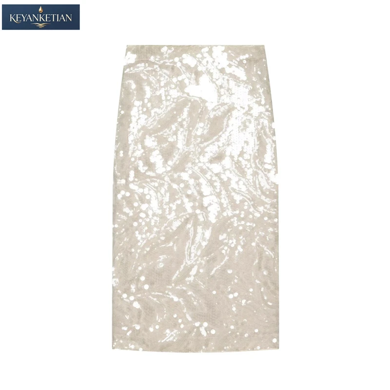 KEYANKETIAN 2026 Minimal Glam Sequin Midi Skirt Ladies High Waist Straight Cut With Back Slit Subtle Shimmer Party Skirt