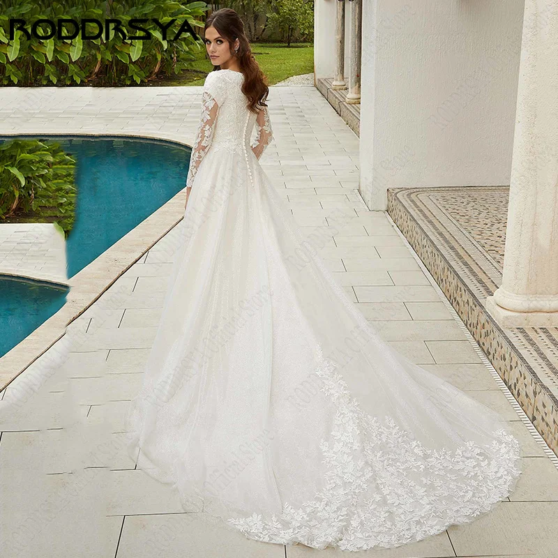 RODDRSYA abiti da sposa in pizzo maniche lunghe civile alta scollo a V vestidos de novia scintillante a-line abito da sposa in Tulle Plus Size Merlaccia sposa abiti lunghi maniche civili alti v collare vestiboli del ti