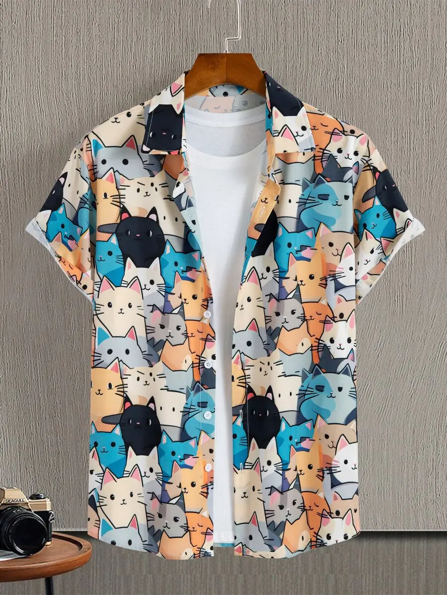 Men's Short Sleeve Casual Shirt with Colorful Cat Face Print, Lightweight Summer Wear