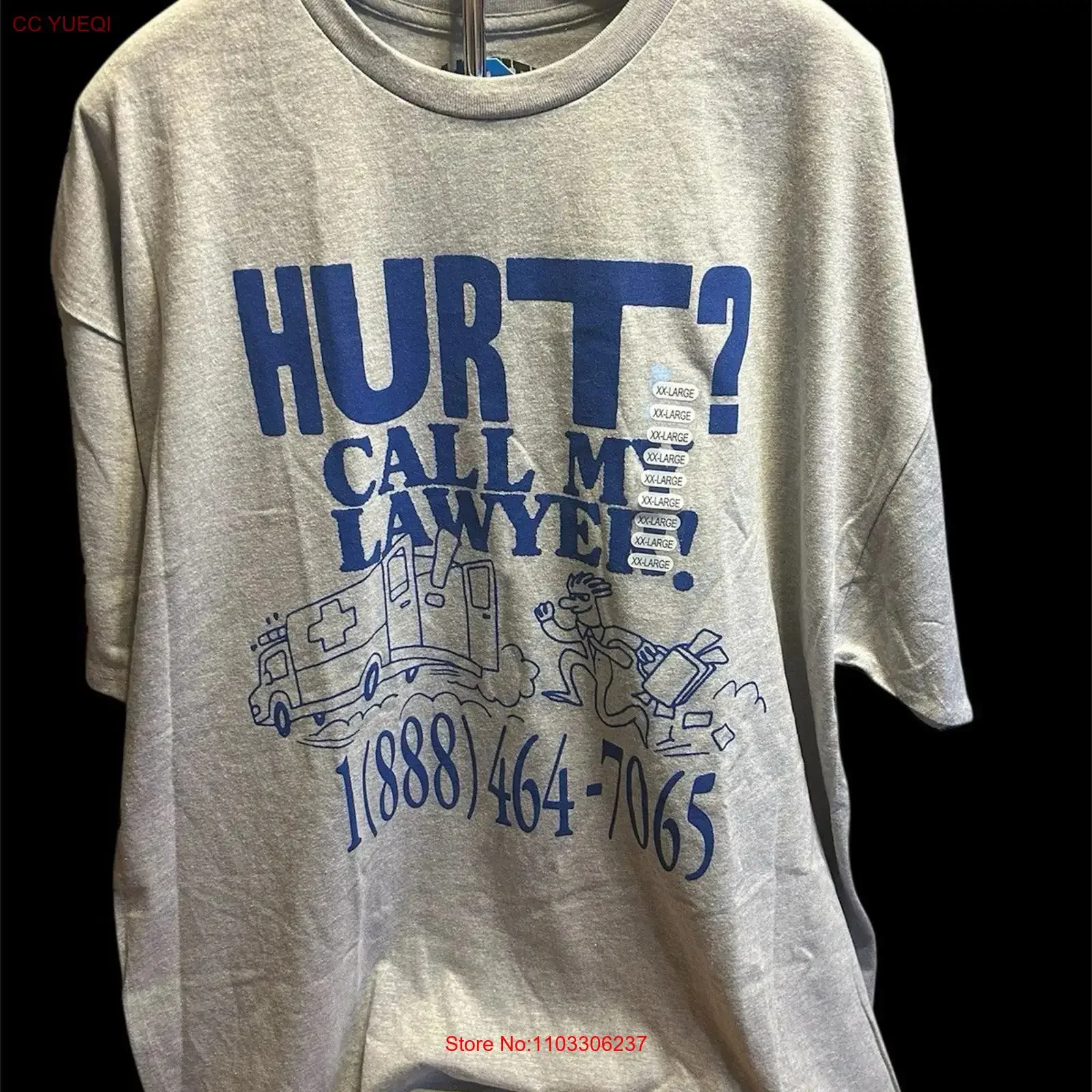 T-shirt « Hurt Call My Lawyer » GRIS BLEU 2x NEUF avec étiquettes BY MARKET STUDIOS, style vintage délavé, unisexe, vêtements de créateur, haut pour tous les jours