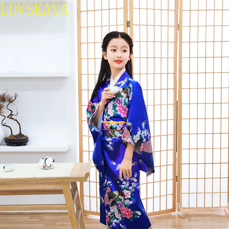 Lovely  Girls Traditional Kimono Gown Yukata With Obi Elegant Japanese Evening Dress Gown Children Stage Show Clothing