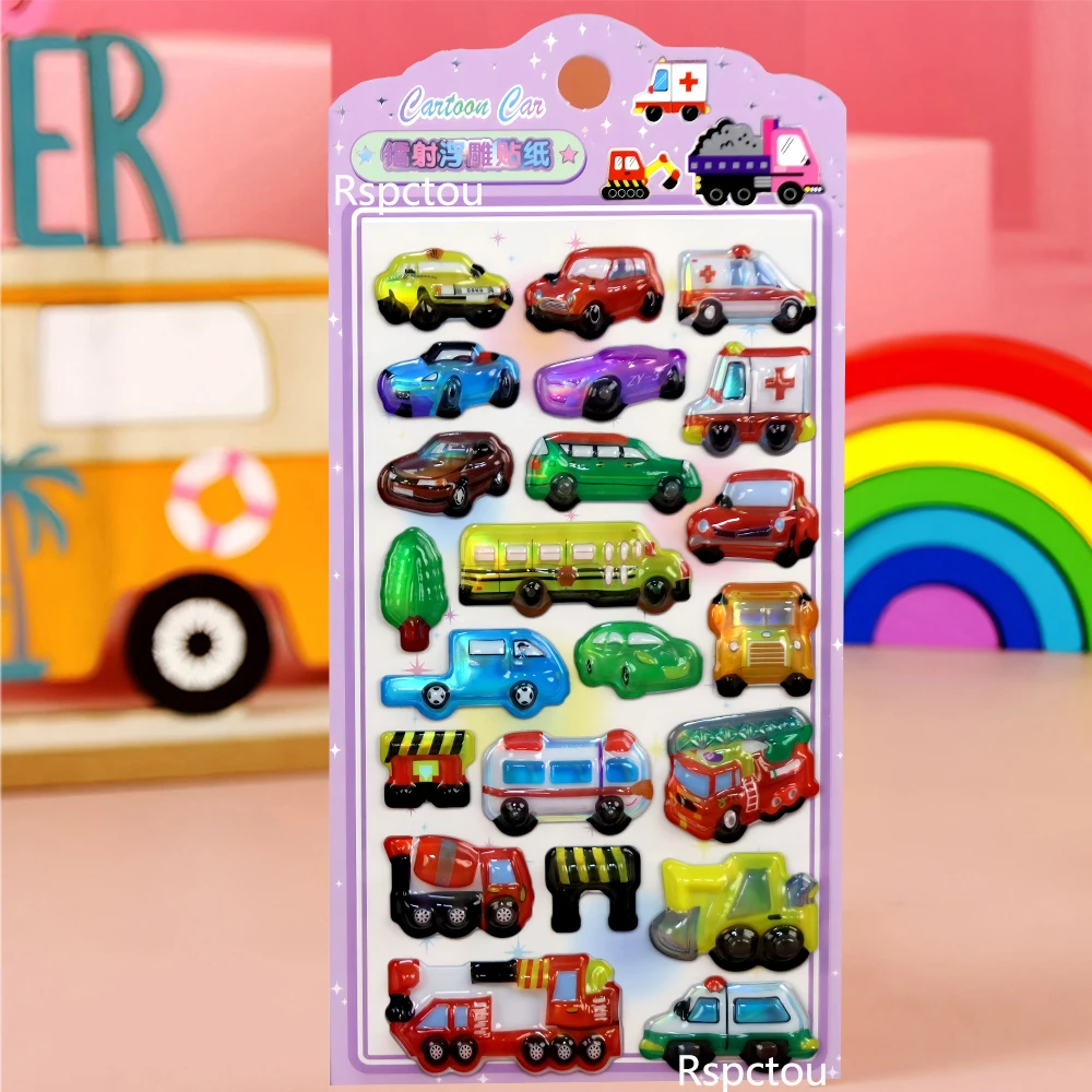 

4pcs Laser Cartoon Car Transportation Vehicles Relief Stickers Funny Creative 3D Puffy Sticker Luggage Diary Phone Decals Pack