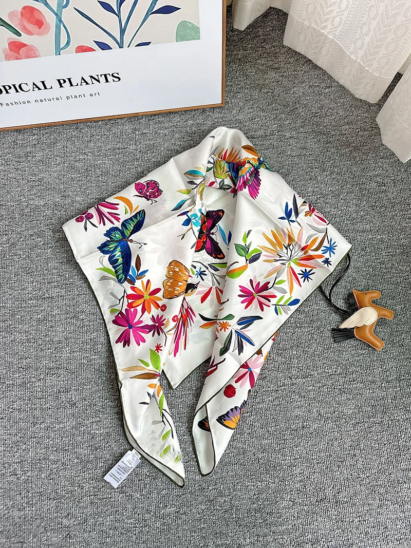 Flowers, Birds And Butterflies High Quality New In Scarf Women Neckerchief Hand Rolled Luxury foulard 90cm white Silk Scarf