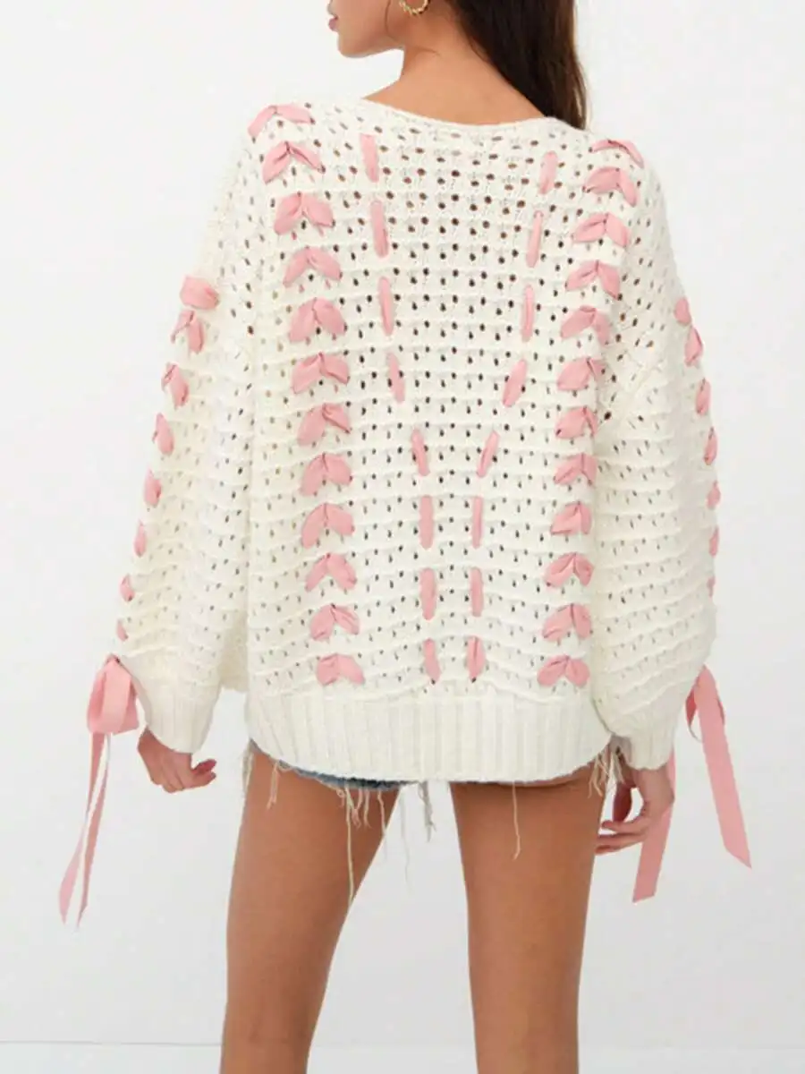 

Women Crochet Knit Sweater Long Sleeve Crew Neck Hollow Out Pink Bow Decorated Pullover
