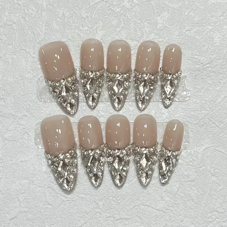 10Pcs French Handmade Almond Press On Nails Ballerina Simple with Rhinestones Wearable False Nails Decoration Fake Nail Tips Art