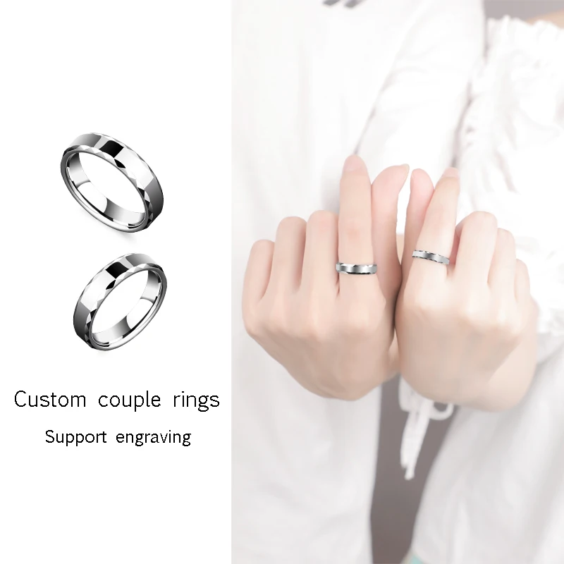 White Tungsten Carbide Couple Ring for Men and Women Fashion Faceted Classic Bands for Wedding, Customized Engrave